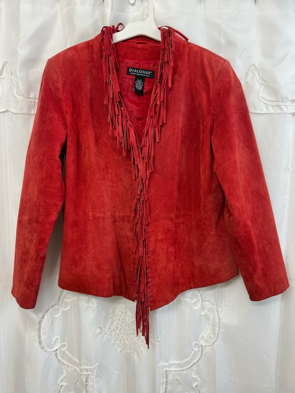 Dialogue Red Suede Fringe Leather Jacket Women’s Large Western Boho Hook Closure